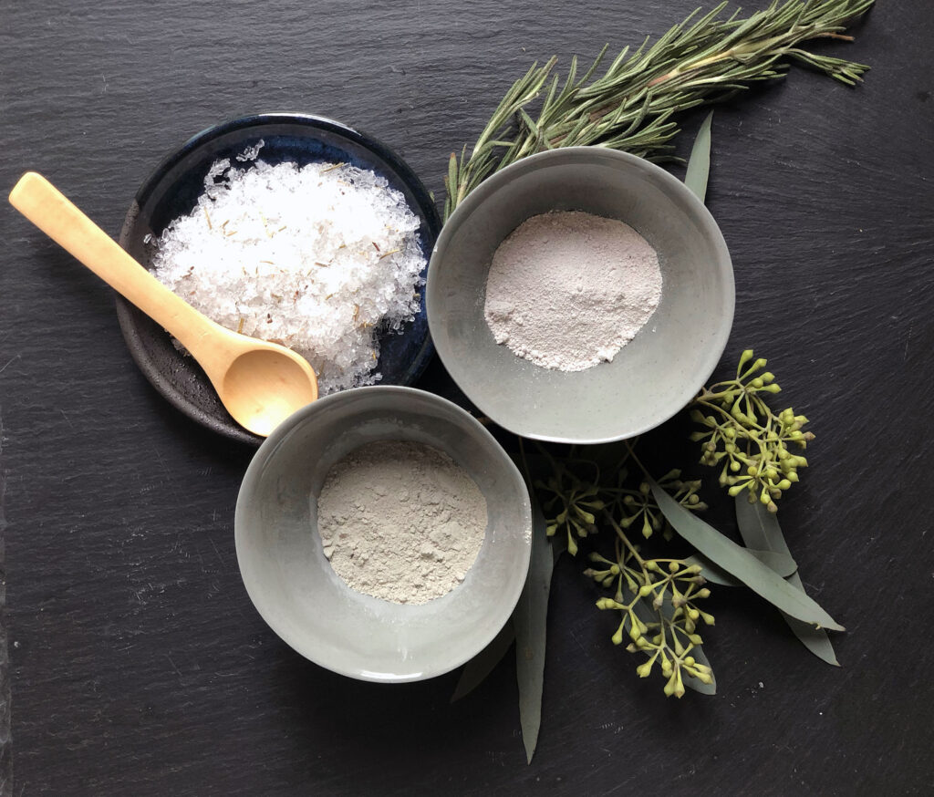 bowls with dry clay and salts